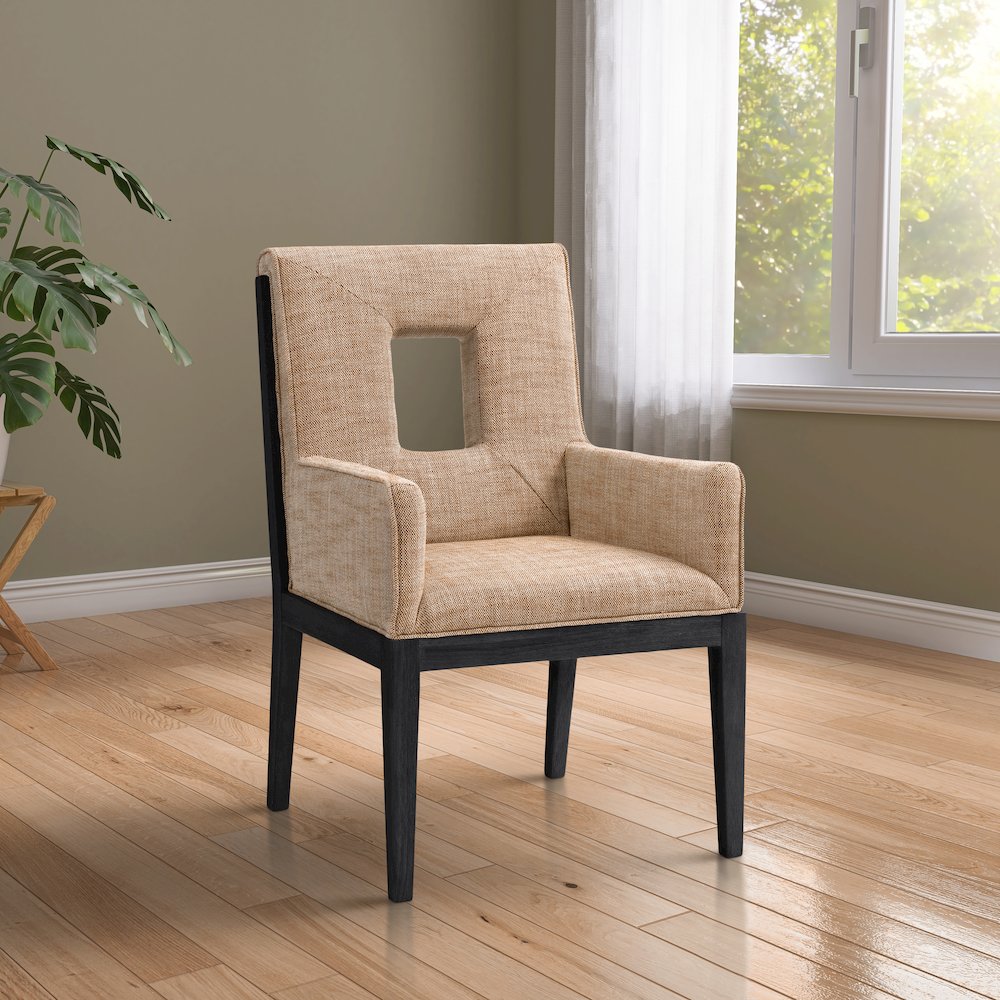 Gwendolyn Cognac Linen Textured Fabric Dining Arm Chair
