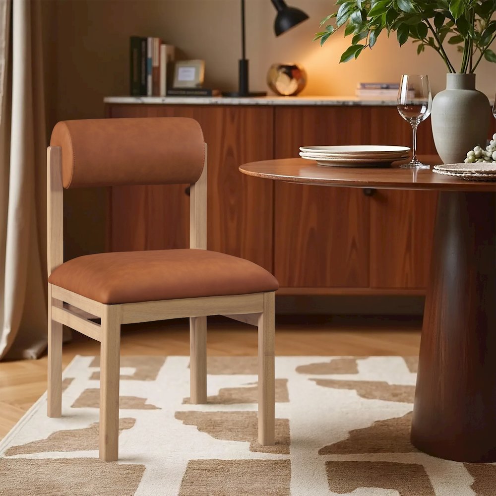 Roundhill Cognac Vegan Leather Upholstered Dining Chair, Set of 2