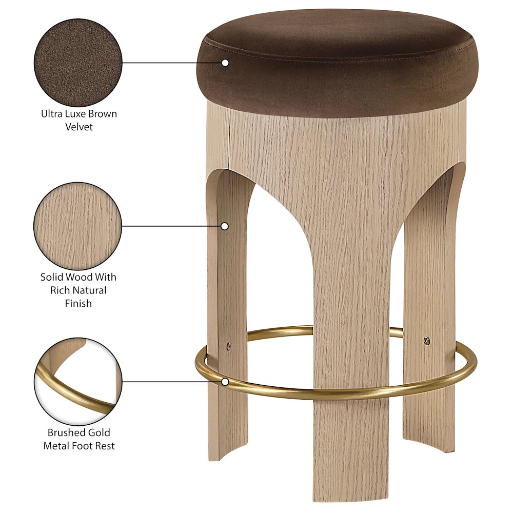 Bocceli Brown Velvet Upholstered Counter Stool