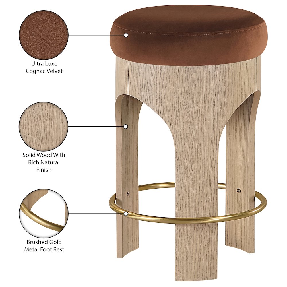 Bocceli Cognac Velvet Upholstered Counter Stool