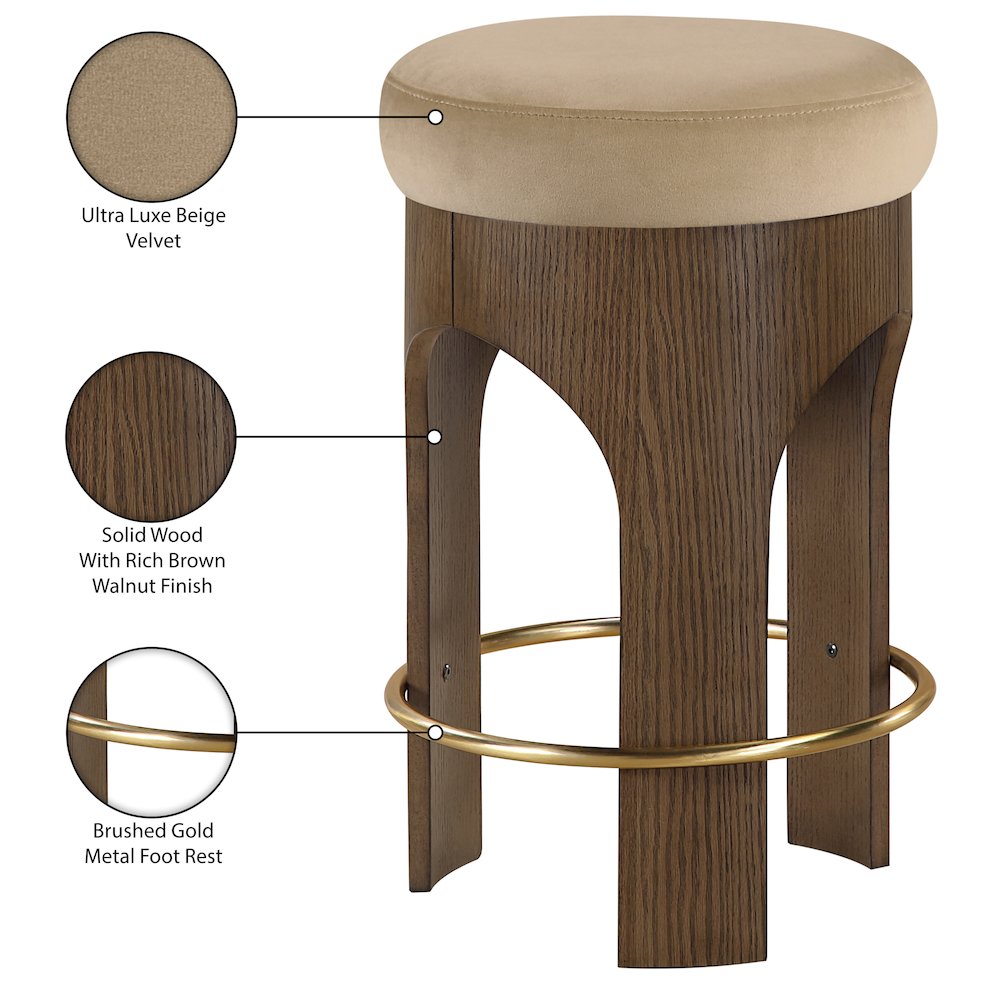 Bocceli Beige Velvet Upholstered Counter Stool