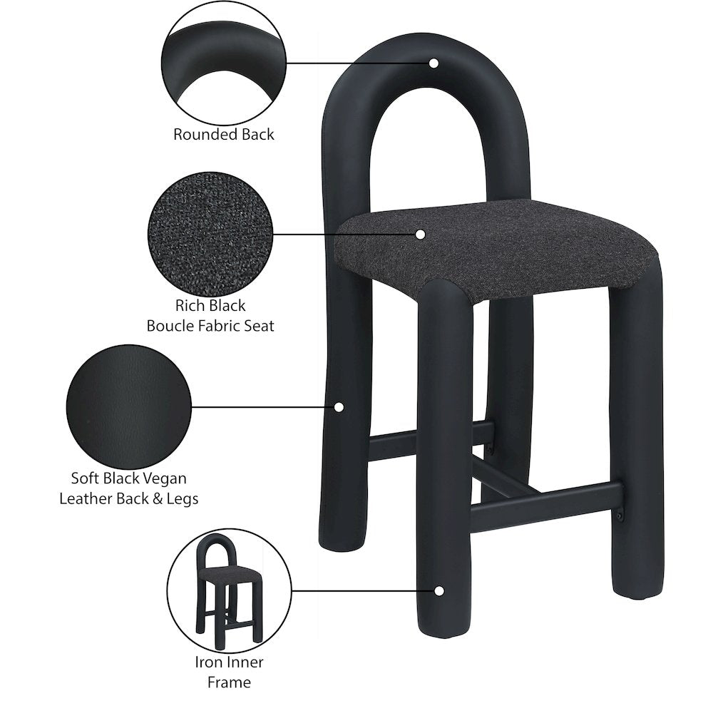Amari Black Vegan Leather and Boucle Fabric Stool