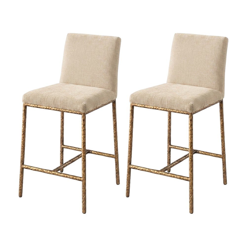 Chenille Fabric Counter Height Bar Stools, Tight Back, Set of 2, Cream