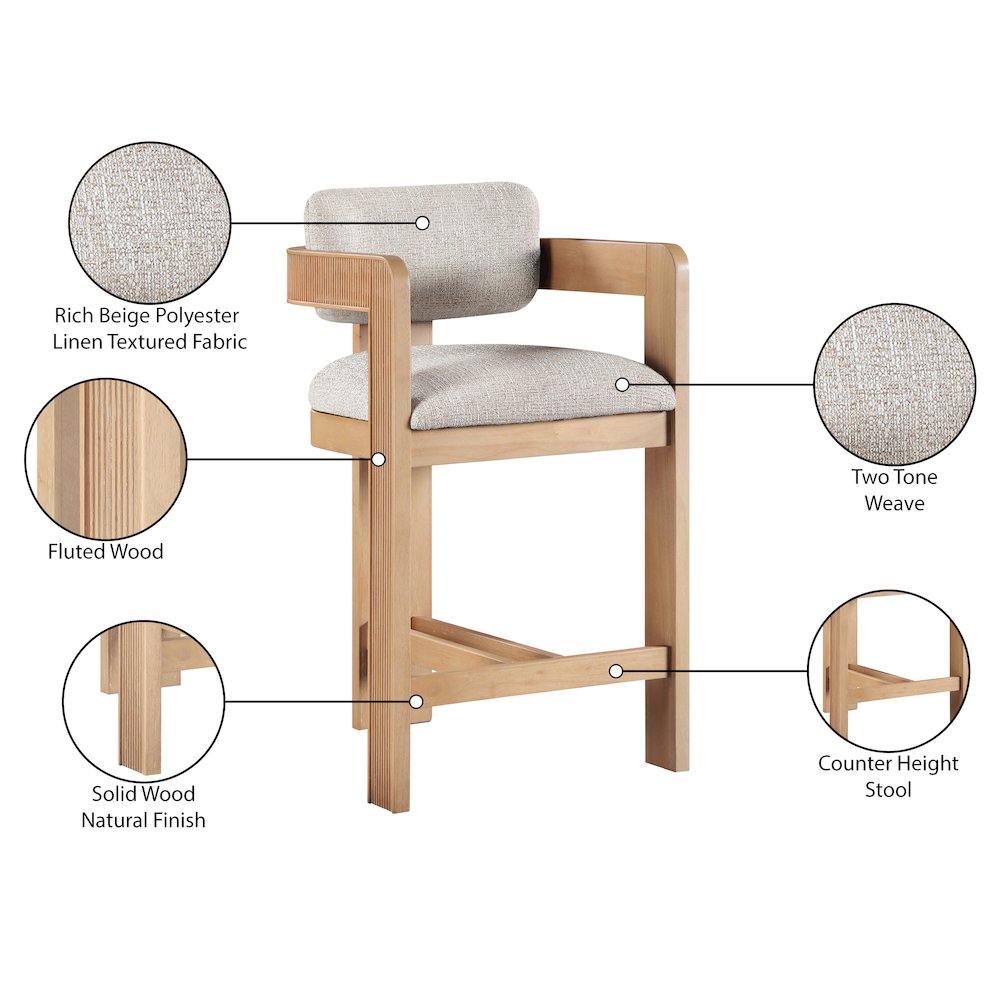 Sacha Beige Linen Textured Fabric Upholstered Counter Stool
