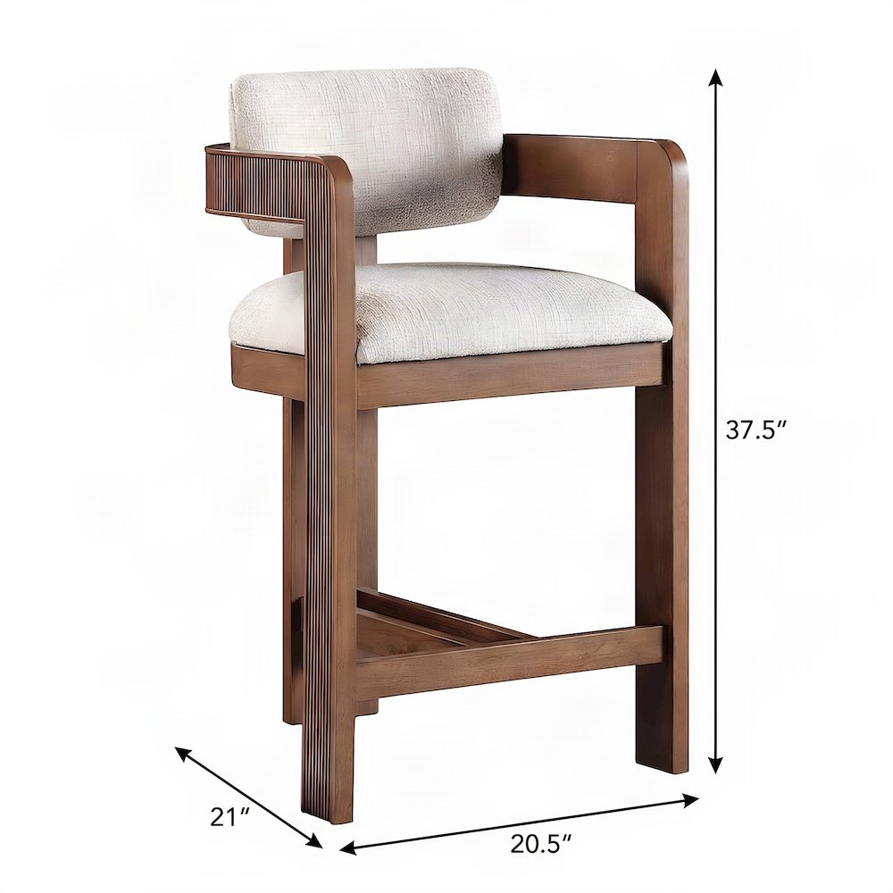 Art Deco Linen Textured Counter Stool with Arms and, Beige Linen Textured Fabric