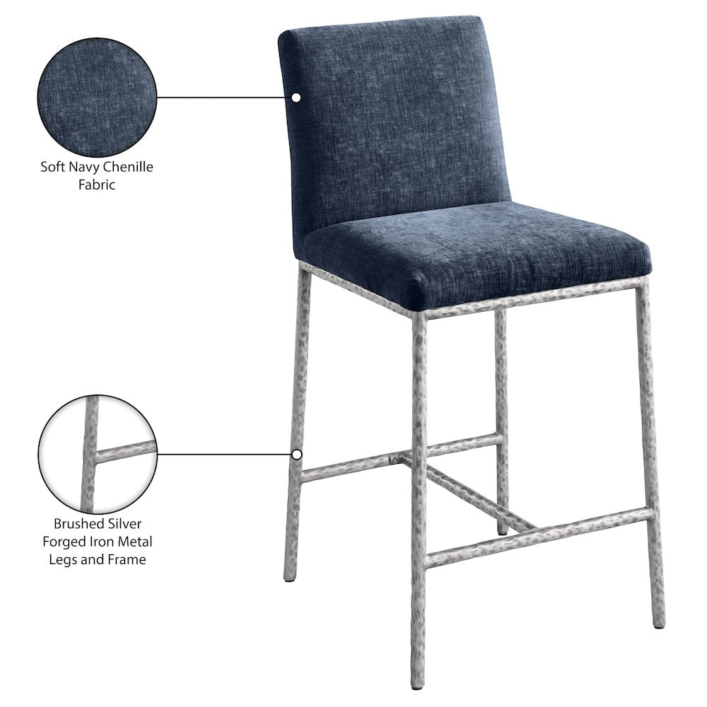 Reeves Navy Chenille Fabric Upholstered Counter Stool, Set of 2
