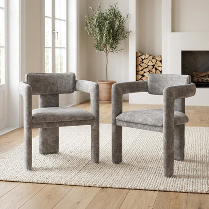 Gray Chenille Fabric Dining Chairs Set of 2 with Armrests and Cushioned Seats