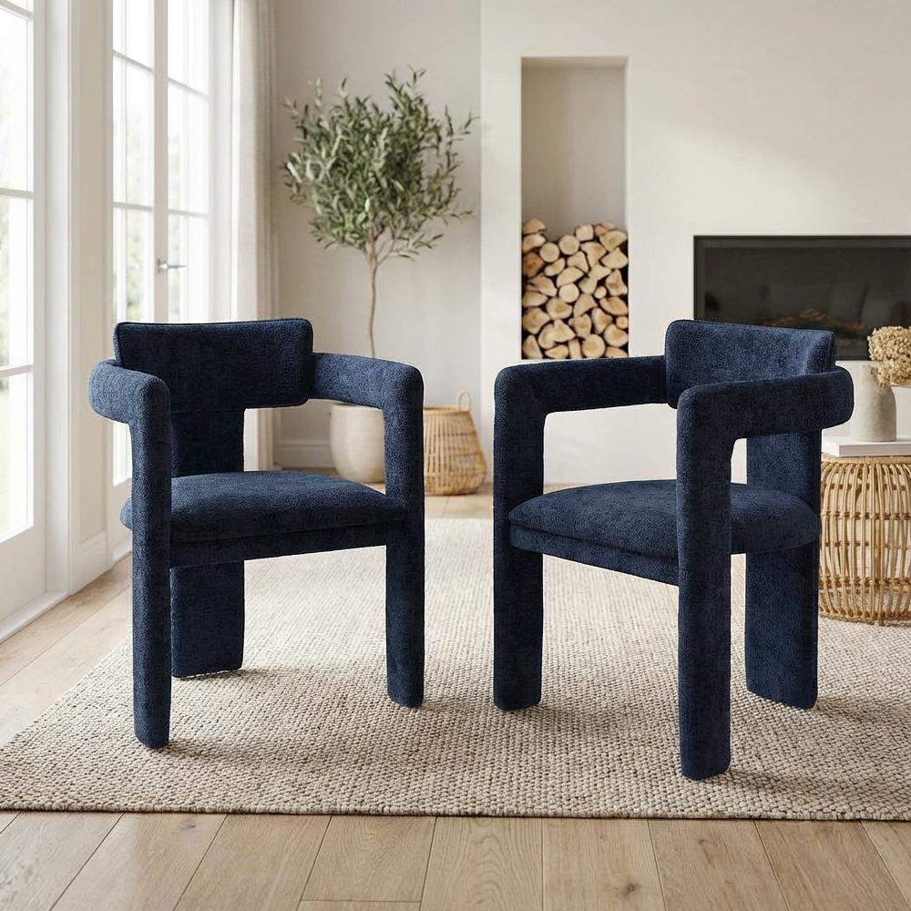 Navy Chenille Dining Chair Set of 2 with Armrests and Contemporary Design