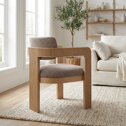 Neutral Linen Textured Dining Chairs Set of 2 with Armrests and Art Deco Design