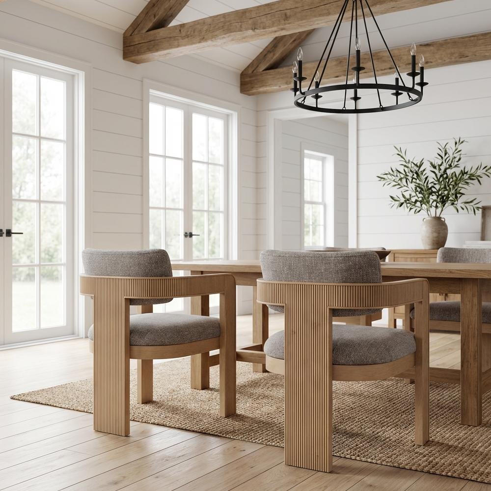Neutral Linen Textured Dining Chairs Set of 2 with Armrests and Art Deco Design