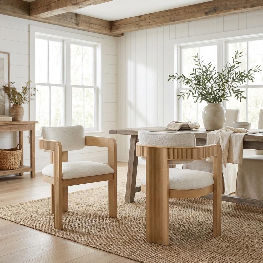 Dining Chairs Neutral Linen Fabric Upholstered 2-Piece Set with Armrests