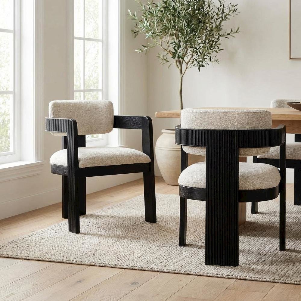 Black Art Deco Dining Chairs Set of 2 with Armrests and Textured Fabric