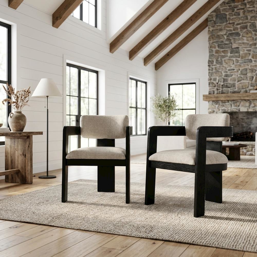 Black Art Deco Dining Chairs Set of 2 with Armrests and Textured Fabric