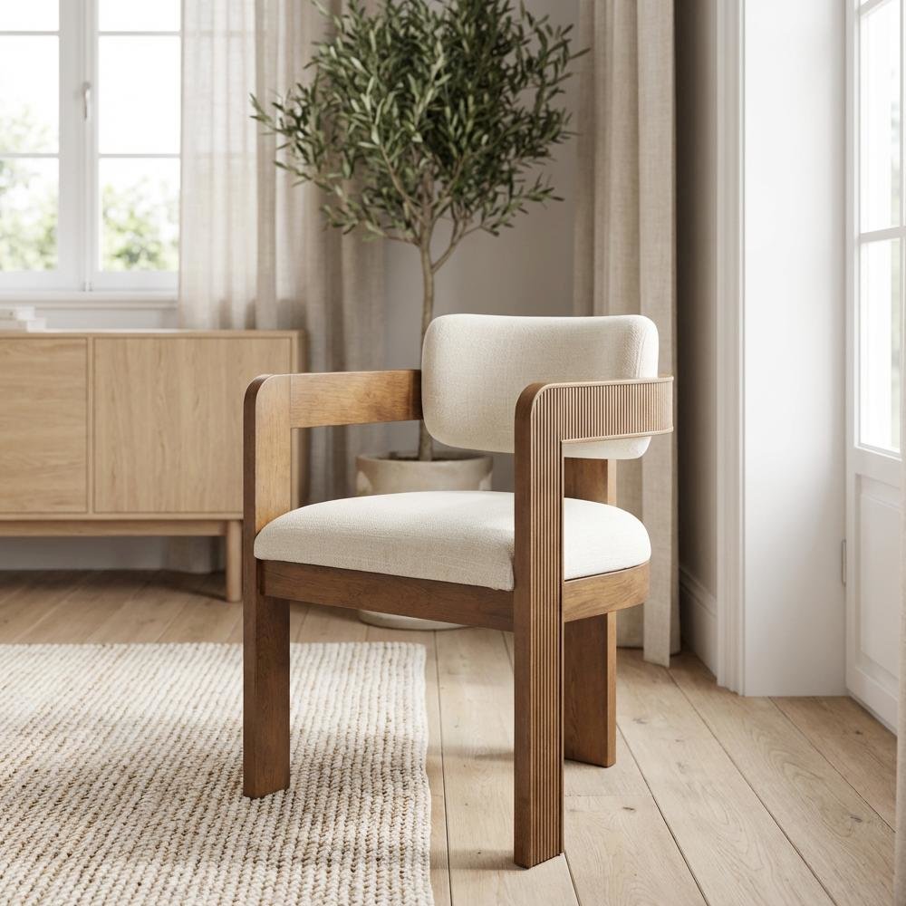 Brown Linen Textured Dining Chair Set of 2 with Armrests and Art Deco Design