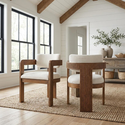 Brown Linen Textured Dining Chair Set of 2 with Armrests and Art Deco Design