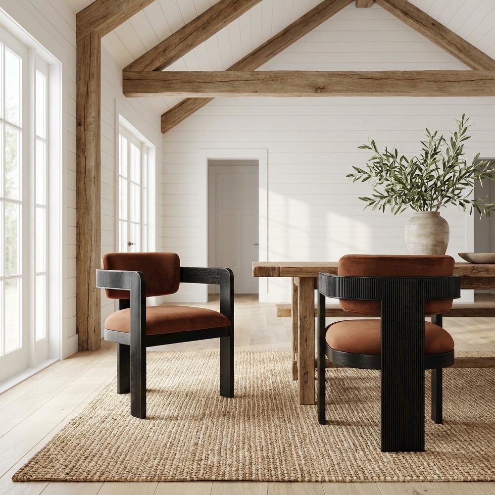 Black Velvet Dining Chairs Set of 2 with Armrests and Art Deco Style