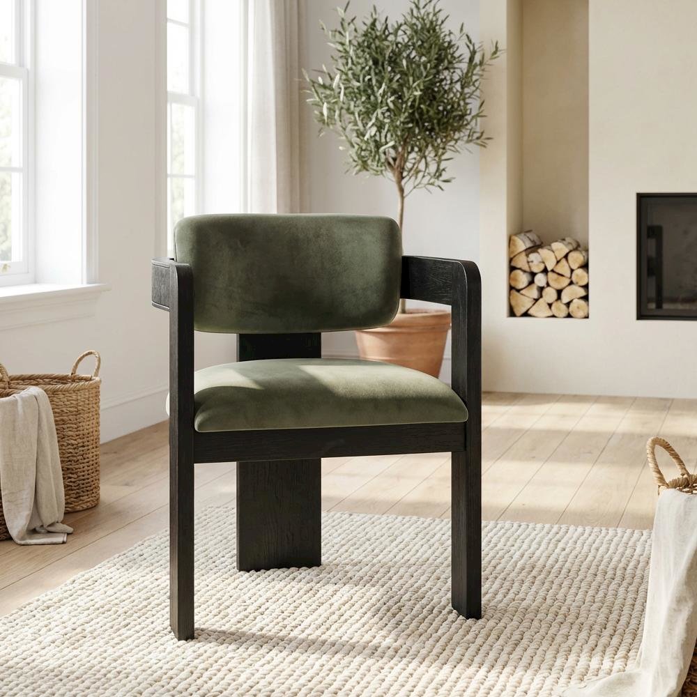 Black Velvet Dining Chairs Set of 2 with Armrests and Art Deco Design