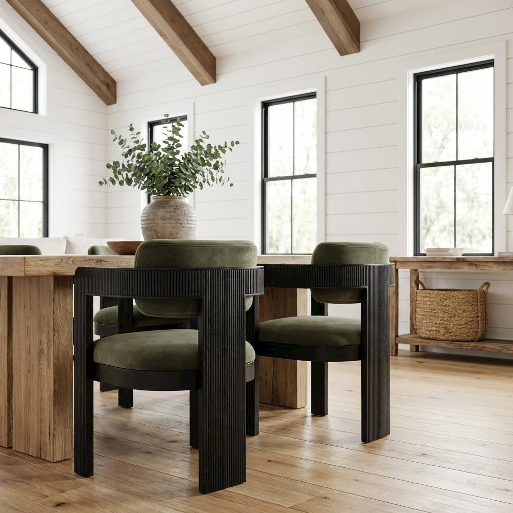 Black Velvet Dining Chairs Set of 2 with Armrests and Art Deco Design