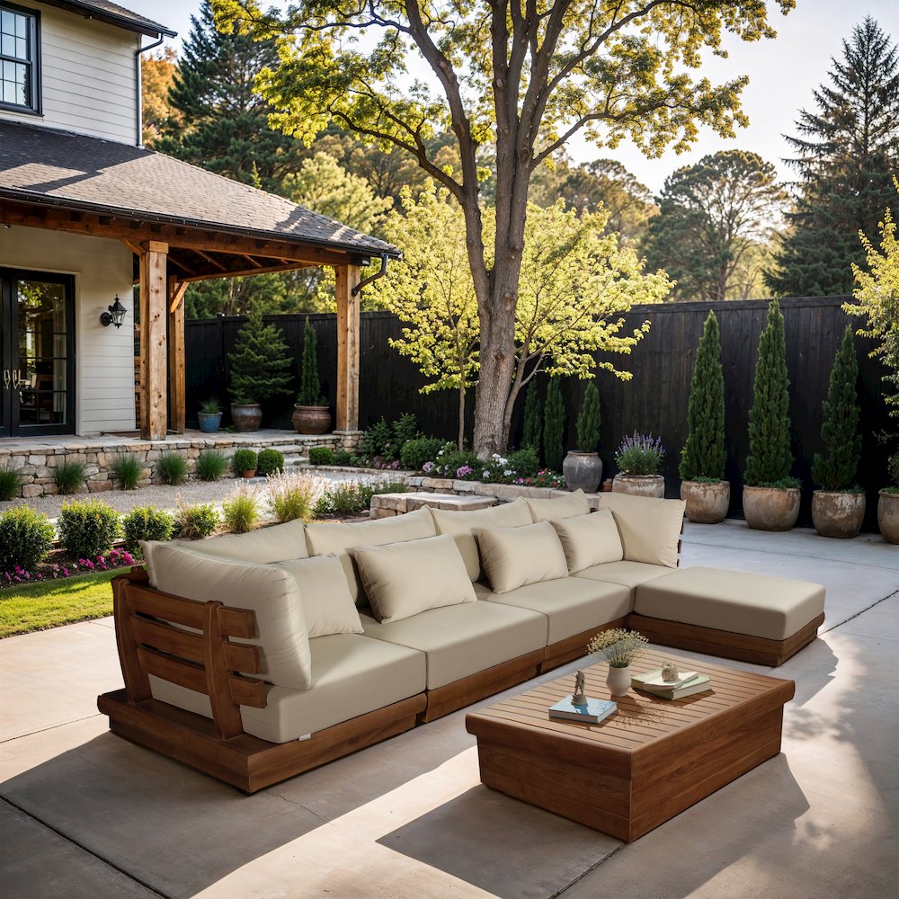 Mirella 150" Tan Water Resistant Fabric 5pc Patio Sectional