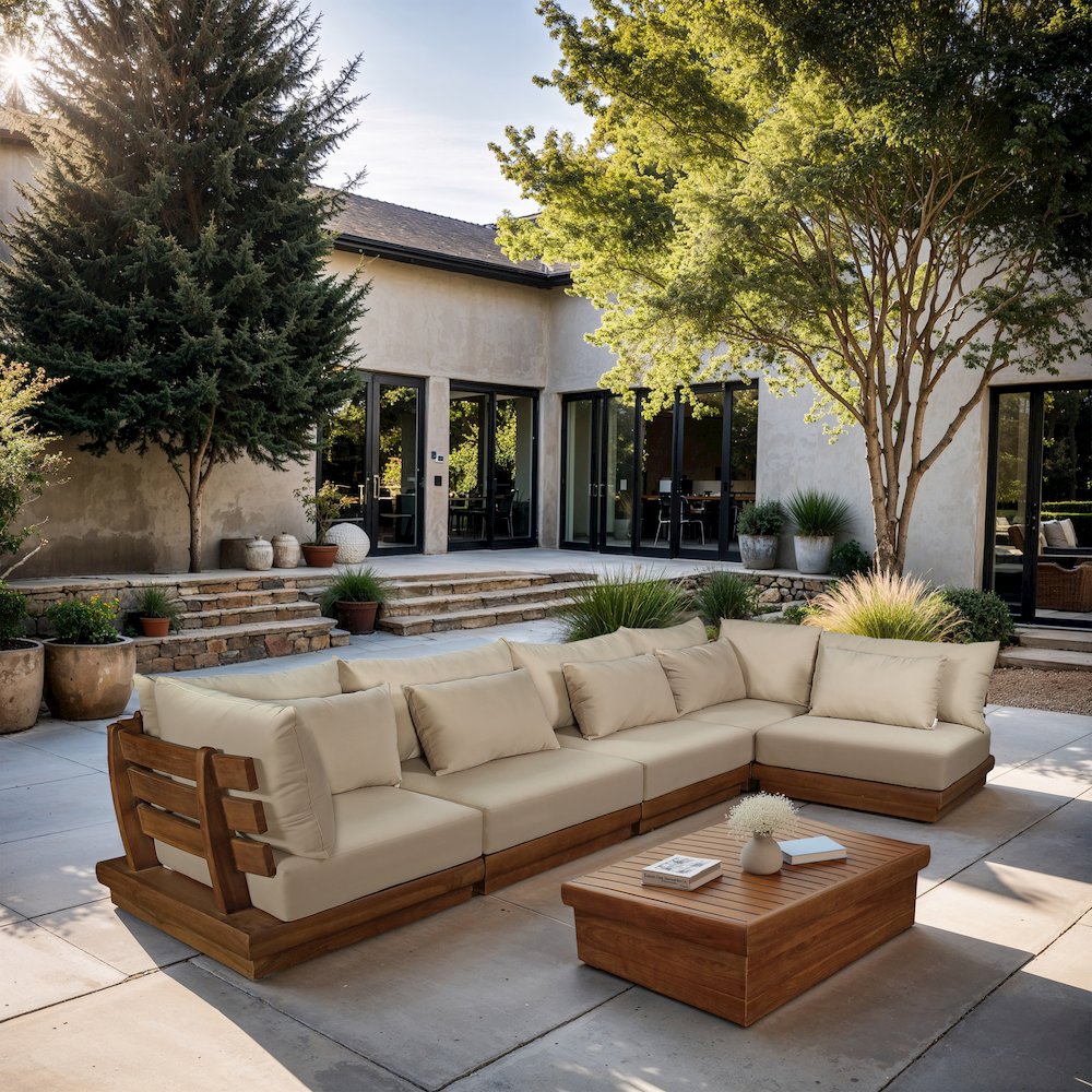 Mirella 150" Tan Water Resistant Fabric 5pc Patio Sectional