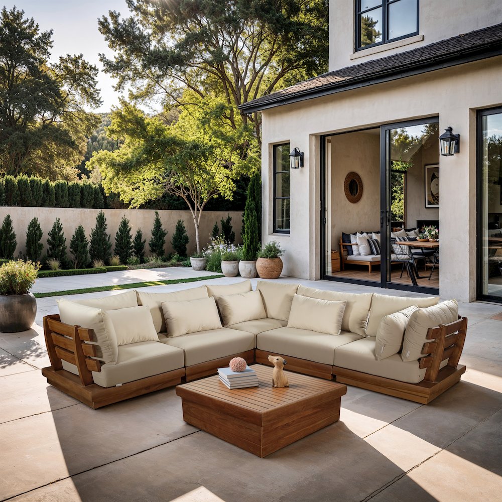 Mirella 113" Tan Water Resistant Fabric 5pc Patio Sectional