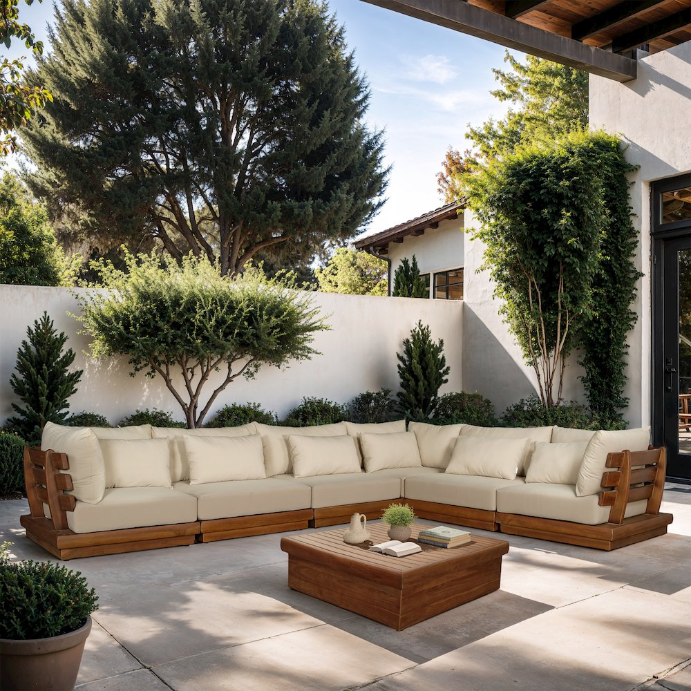 Mirella 150" Tan Water Resistant Fabric 6pc Patio Sectional