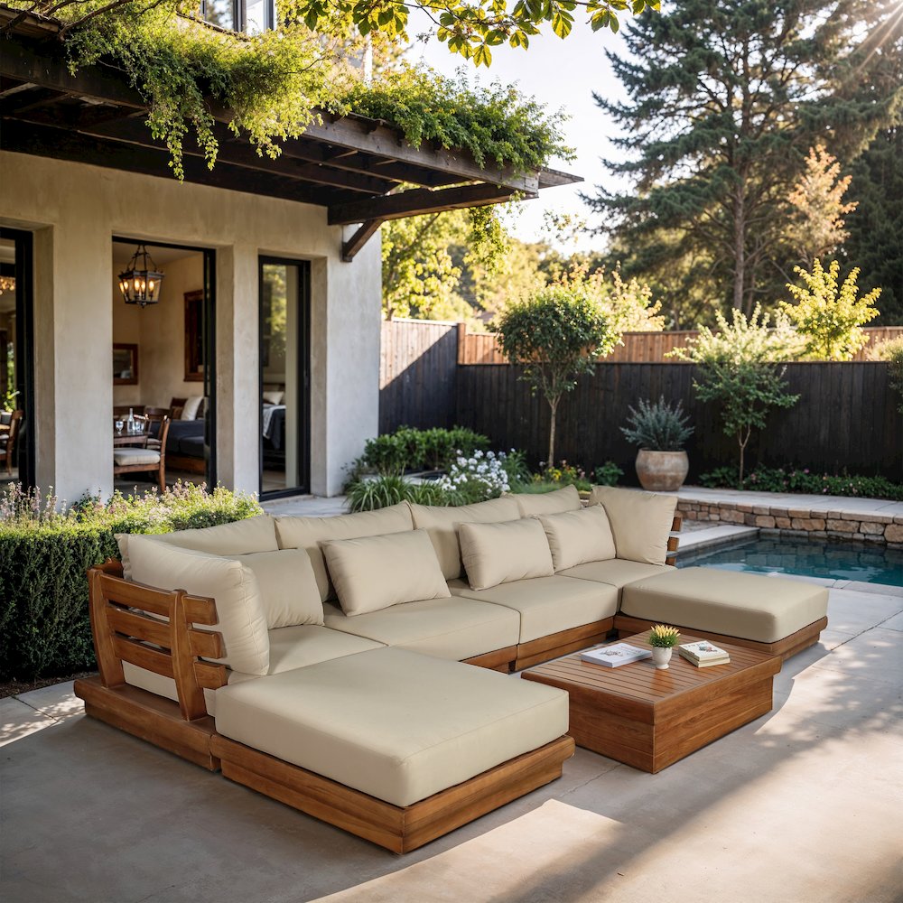 Mirella 150" Tan Water Resistant Fabric 6pc Patio Sectional