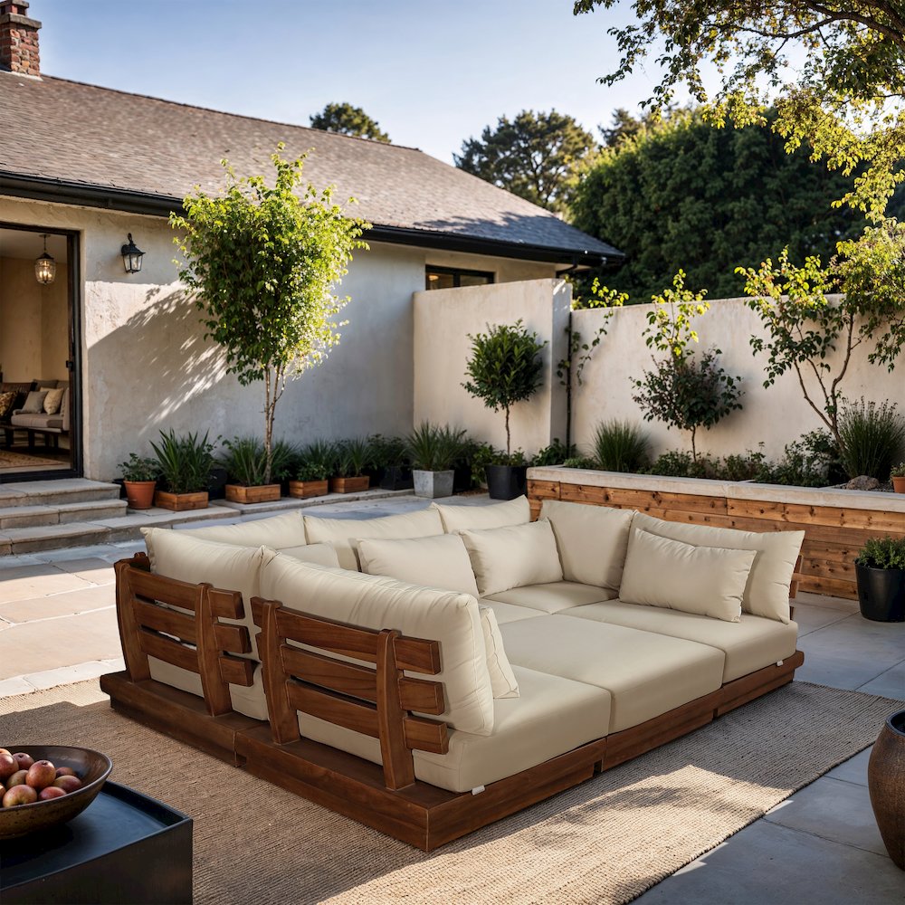 Mirella 113" Tan Water Resistant Fabric 6pc Patio Sectional