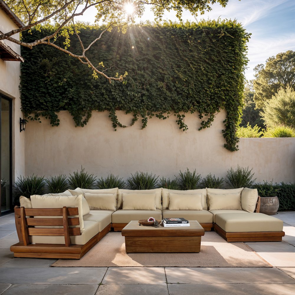 Mirella 150" Tan Water Resistant Fabric 7pc Patio Sectional