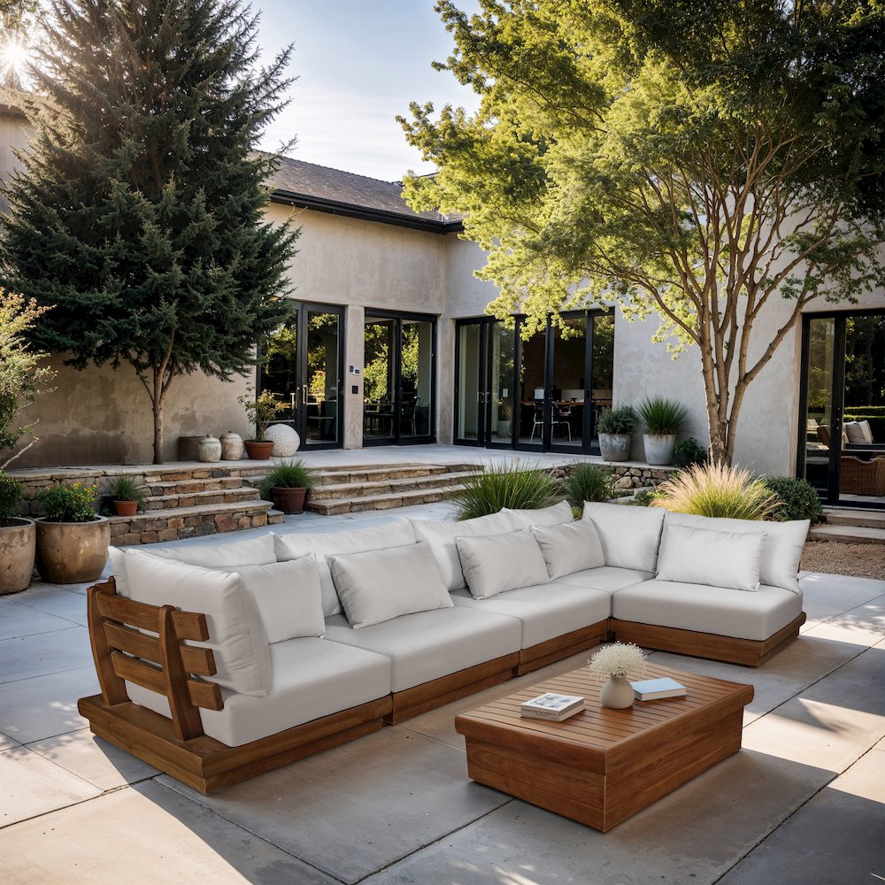 Mirella 150" White Water Resistant Fabric 5pc Patio Sectional