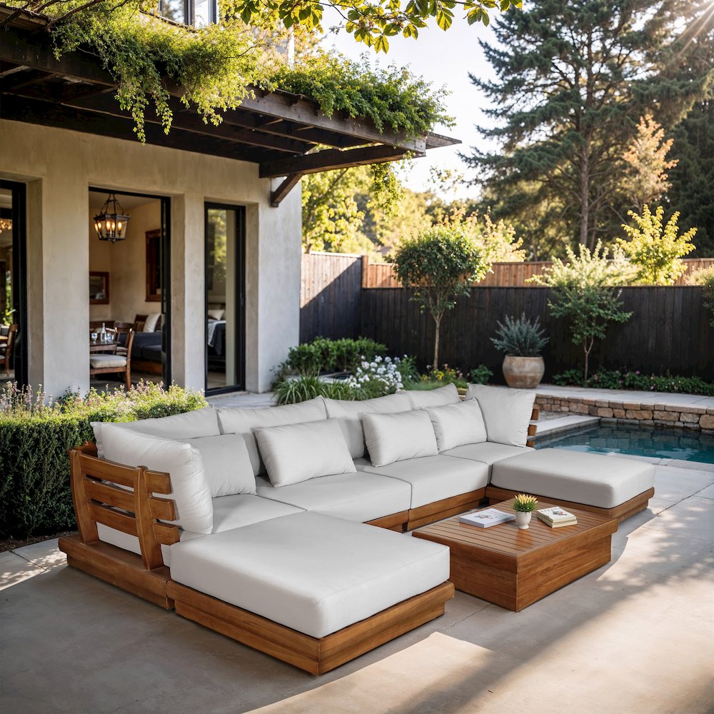Mirella 150" White Water Resistant Fabric 6pc Patio Sectional