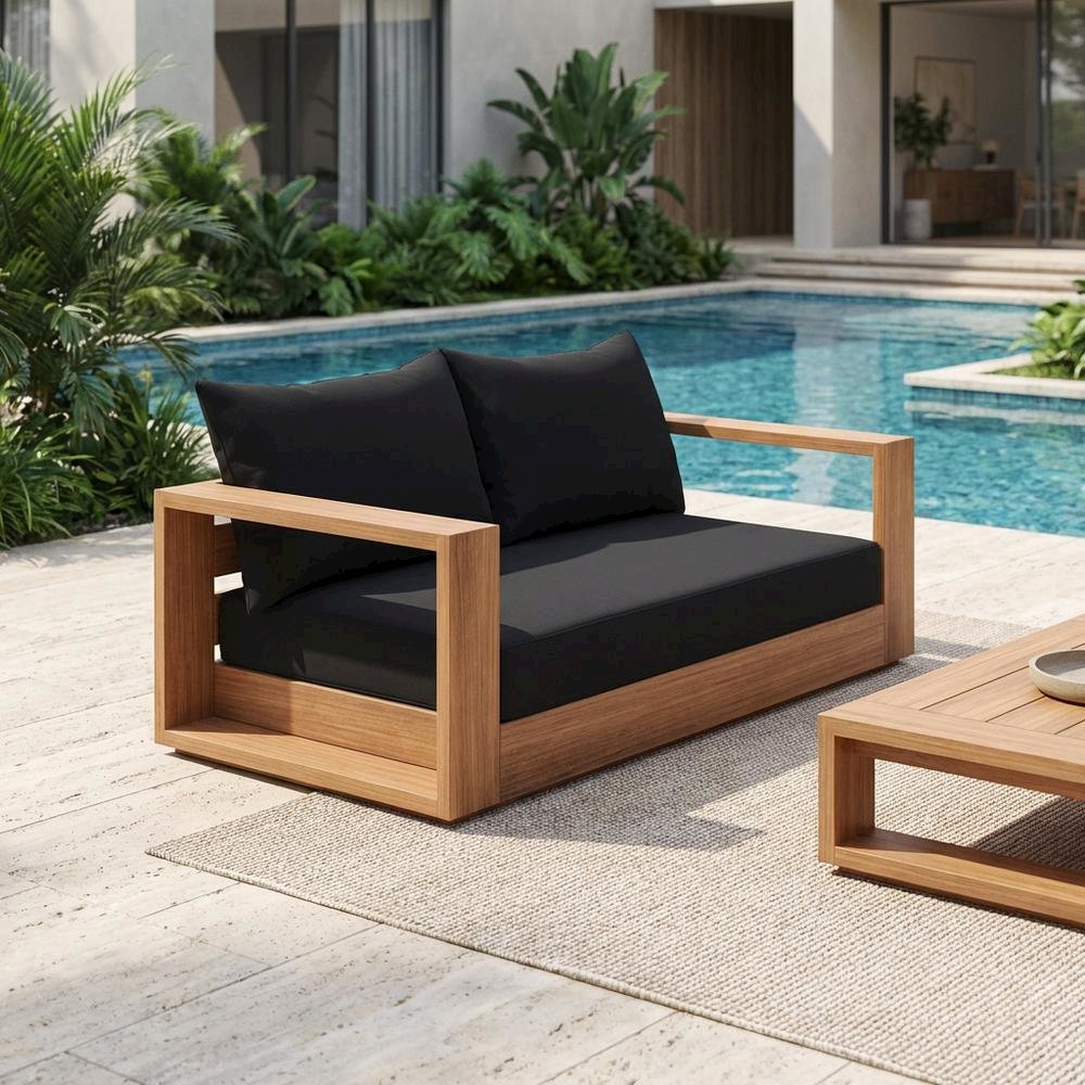 Contemporary Outdoor Loveseat In Black Fabric With Cushion And Light Teak Finish