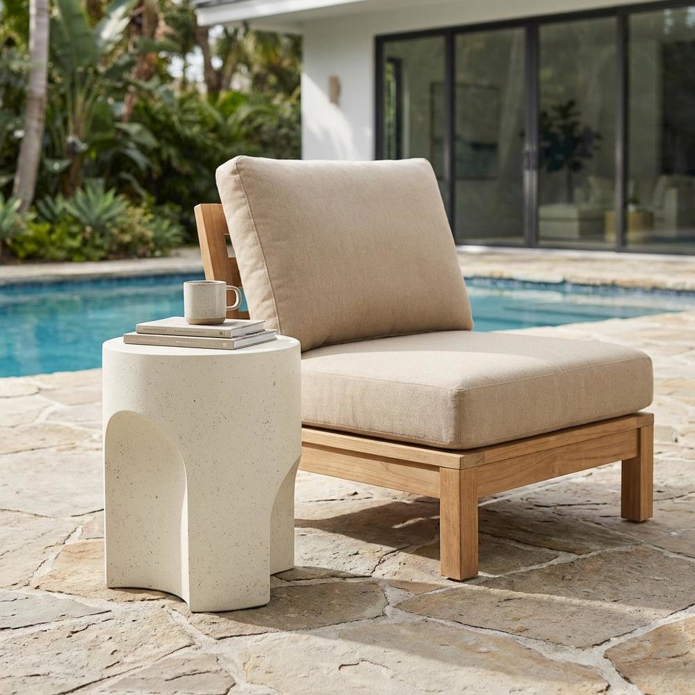 Cream Concrete Fiberglass Indoor Outdoor Round End Table with Art Deco Style