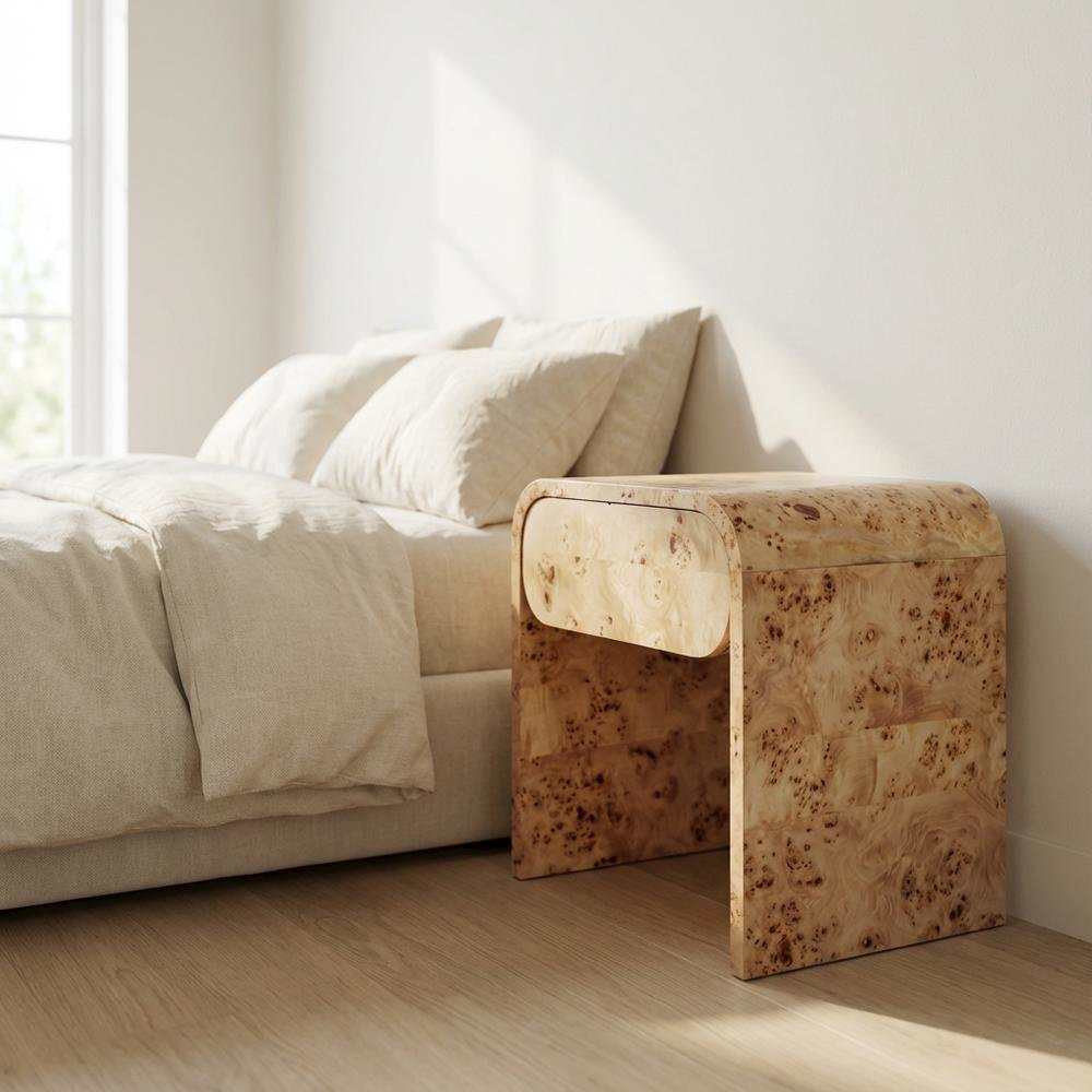 Burl Wood Nightstand with Mid Century Style