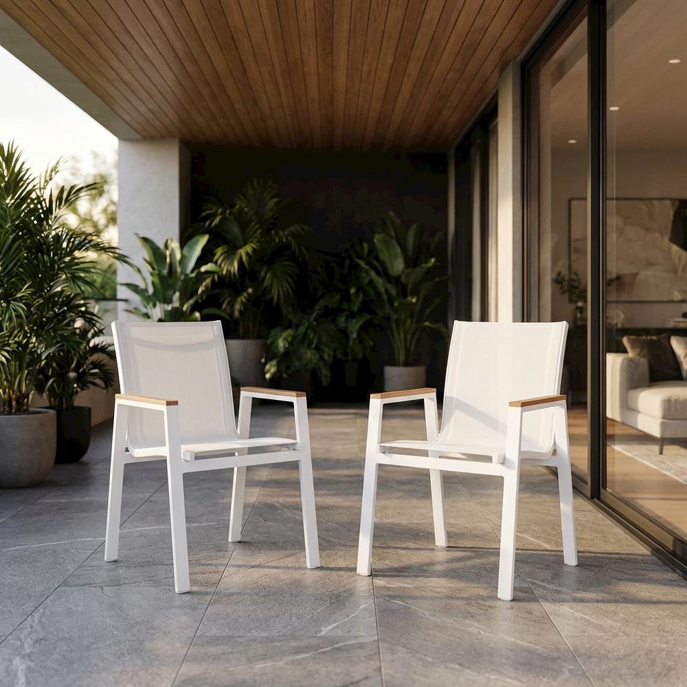 White Mesh Fabric Outdoor Patio Dining Armchair Set Of 2 With Contemporary Style