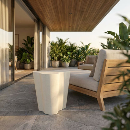 Cream Concrete And Fiberglass Indoor Outdoor End Table With Art Deco Style