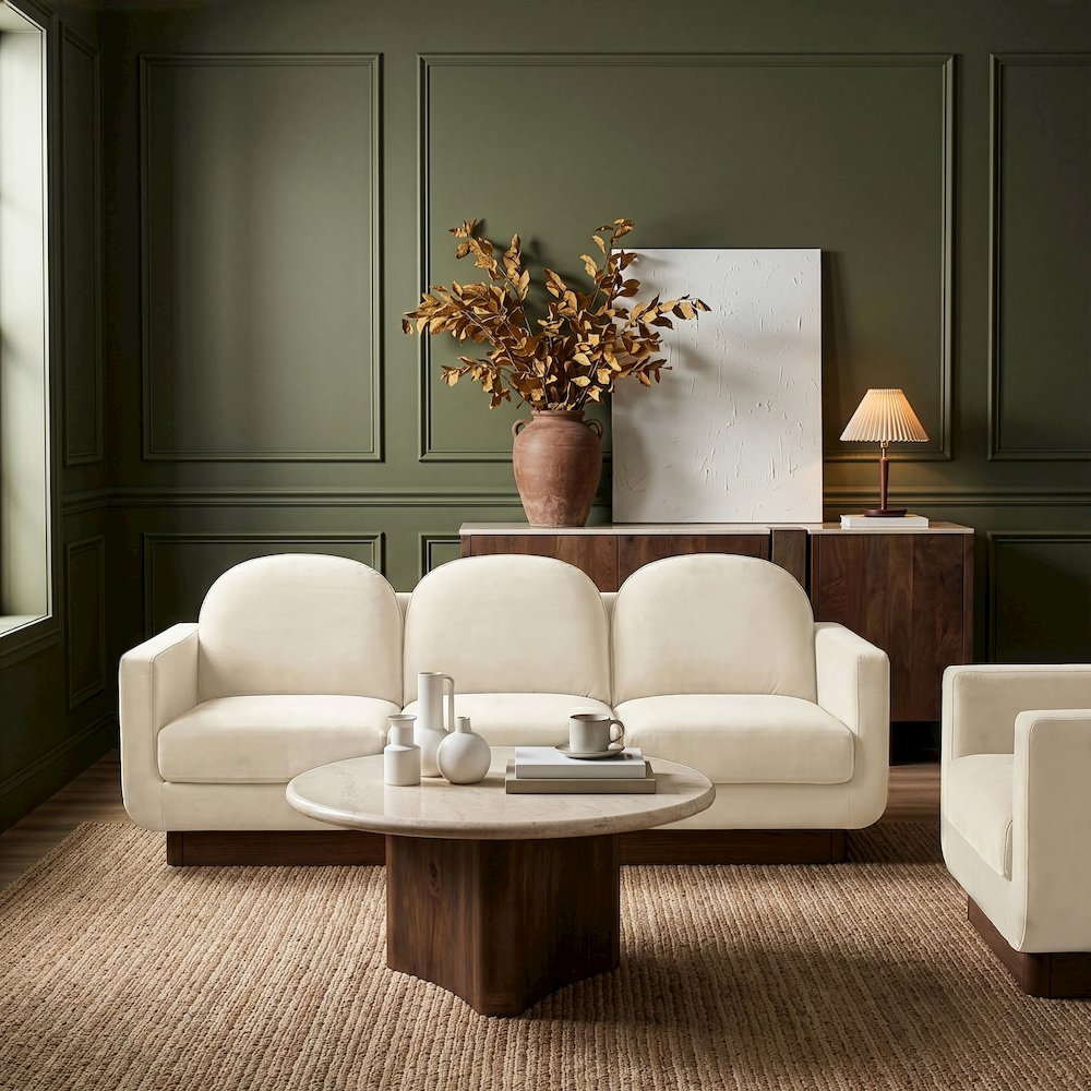 Diviento 89" Cream Velvet Performance Fabric Upholstered Sofa