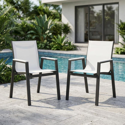 Outdoor Patio Dining Armchairs Set Of 2 In White Mesh Fabric, Contemporary Style