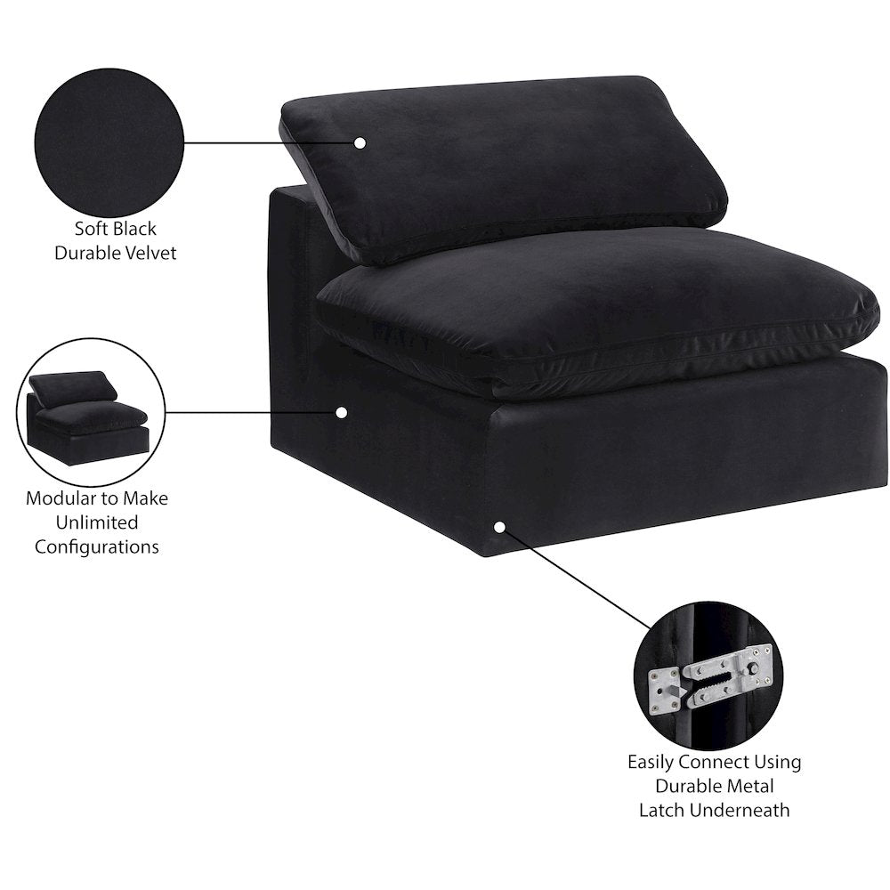 Comfy Black Velvet Modular Armless Chair