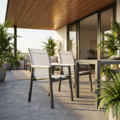 Outdoor Patio Dining Armchairs Set Of 2 In White Mesh Fabric, Contemporary Style