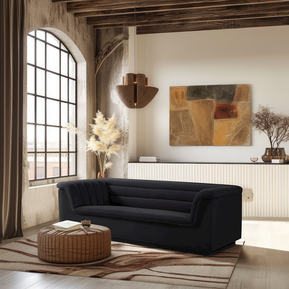 Cascade Black Velvet Fabric Sofa