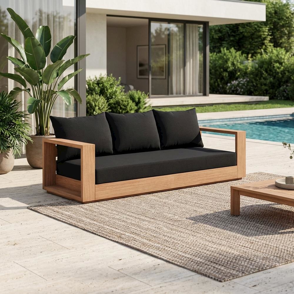 Contemporary Black Fabric Outdoor Sofa With Cushioned Seating And Pillow