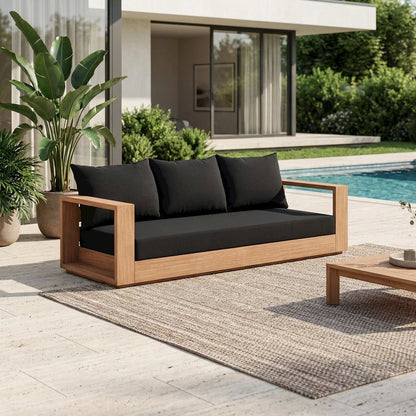 Contemporary Black Fabric Outdoor Sofa With Cushioned Seating And Pillow