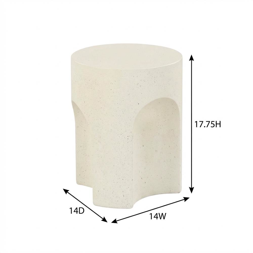 Cream Concrete Fiberglass Indoor Outdoor Round End Table with Art Deco Style