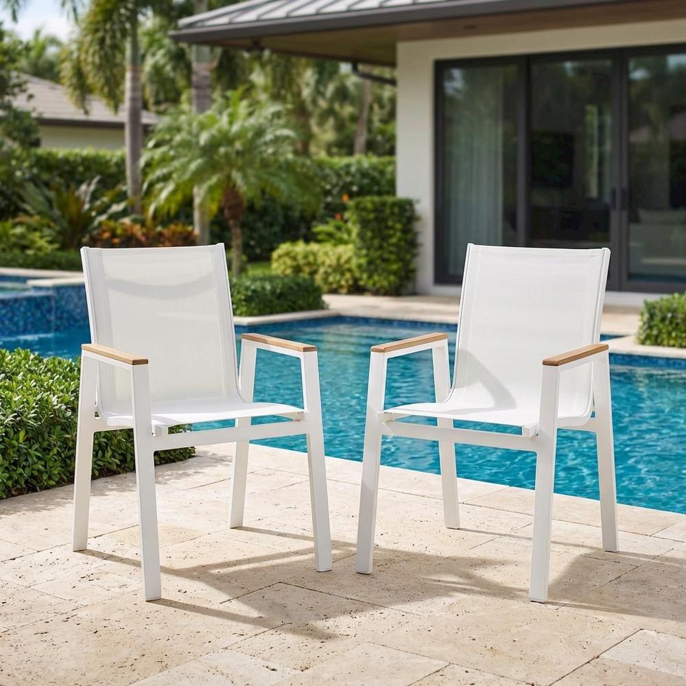 White Mesh Fabric Outdoor Patio Dining Armchair Set Of 2 With Contemporary Style