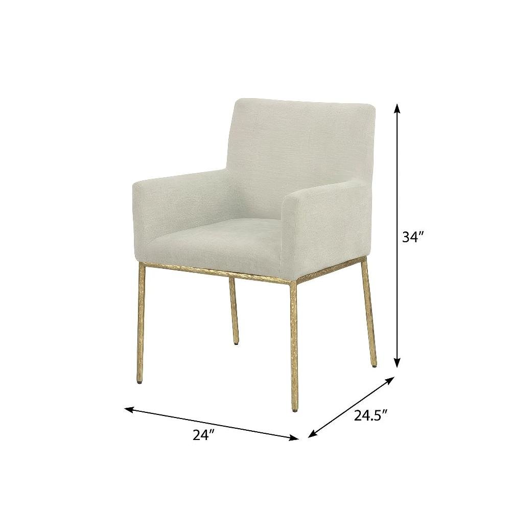 Cream Chenille Dining Chairs Set of 2 with Brushed Brass Frame and Armrests