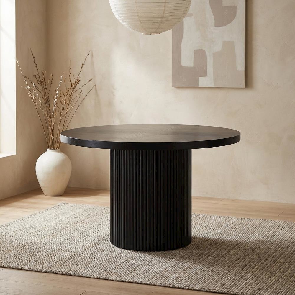 Black Round Oak Veneer Dining Table, Mid-Century Modern, Seats 4