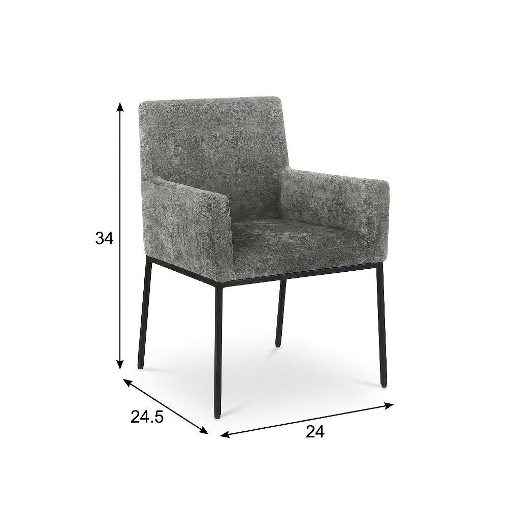 Matte Black Chenille Fabric Dining Chairs Set of 2 - Armrests, Cushioned Seats