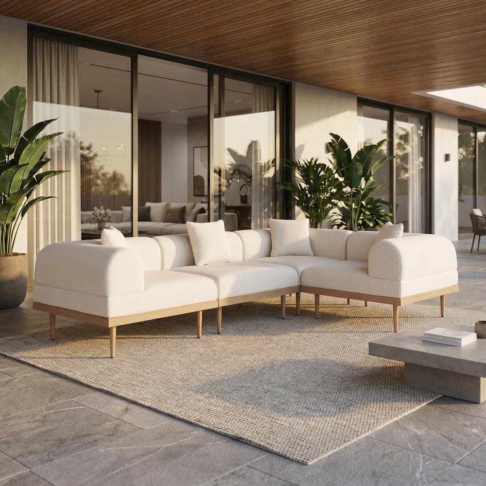 Cream Fabric Outdoor Modular Sectional With Cushions And Contemporary Style