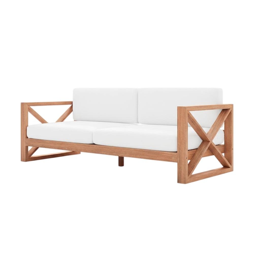 Contemporary White Fabric Outdoor Sofa With Teak Finish